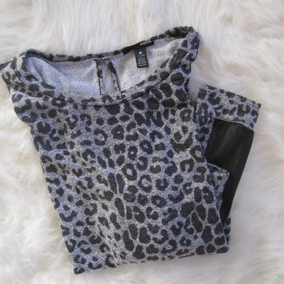 Aqua Black Grey Leopard Tunic Pullover Top Faux Leather Sleeve Patches Size M - Picture 3 of 5